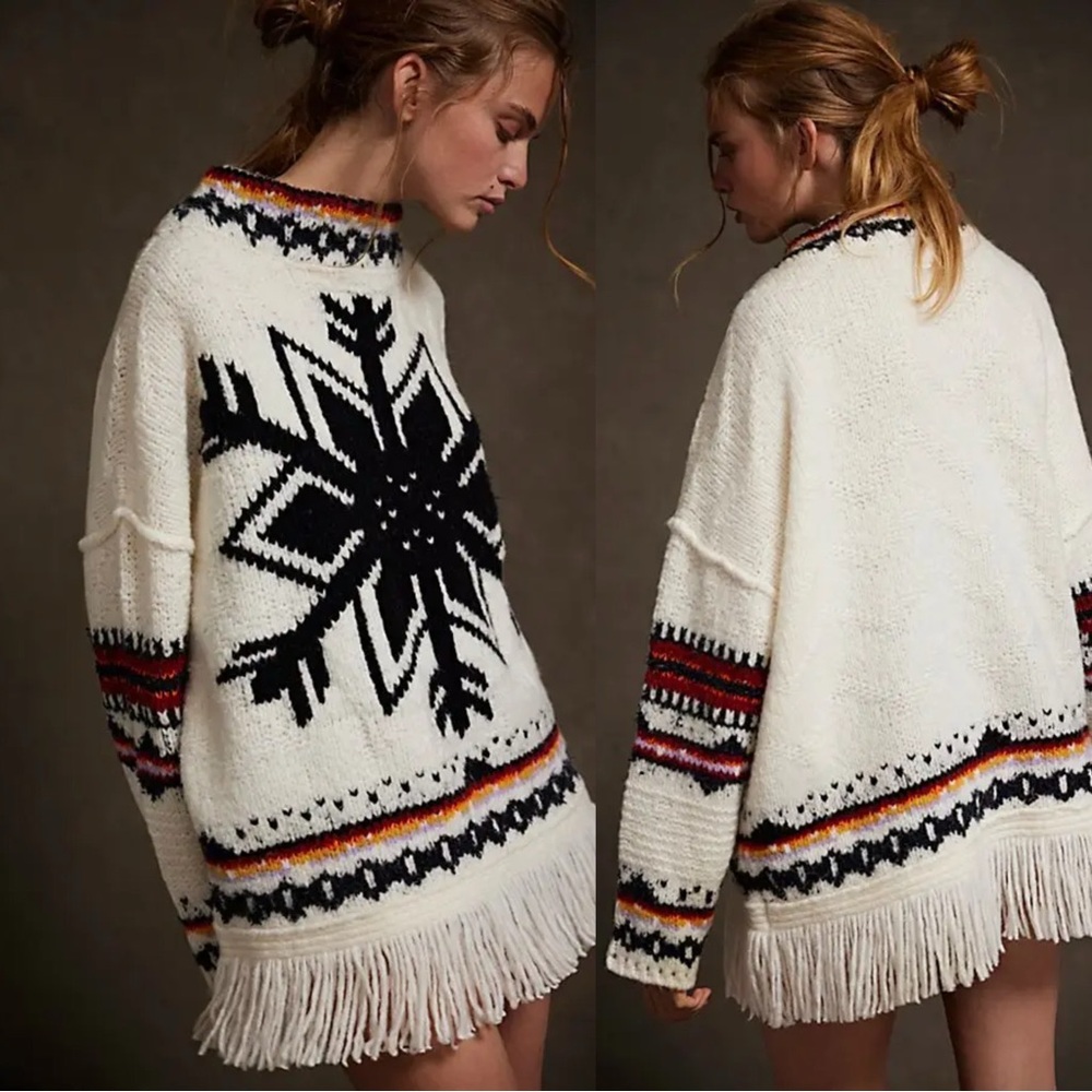 Free People Sundown White Fringe Snowflake Mock Neck Pullover Sweater XS